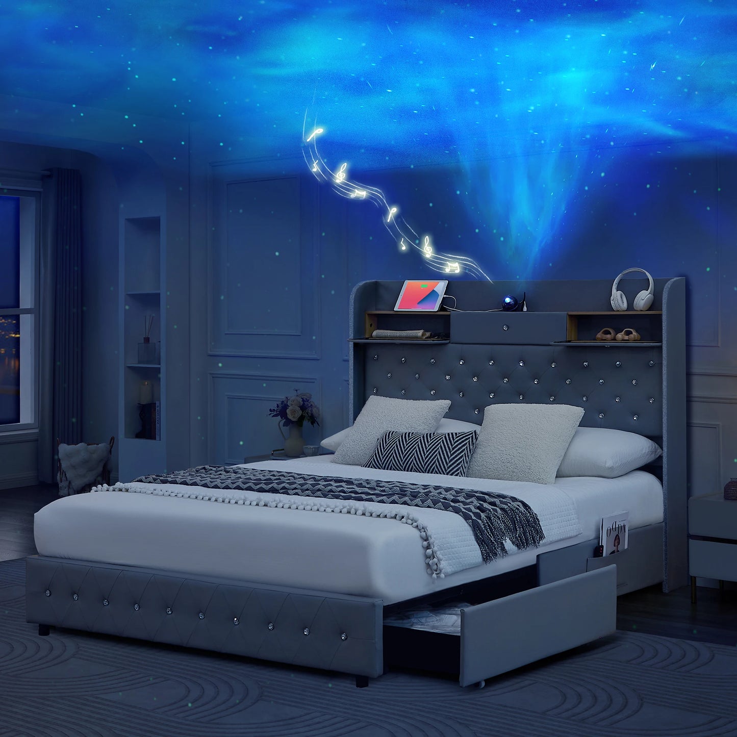 LED Platform Bed Frame with Galaxy Star Projector, USB Charging & Storage Drawers – Velvet/PU, Full Queen King