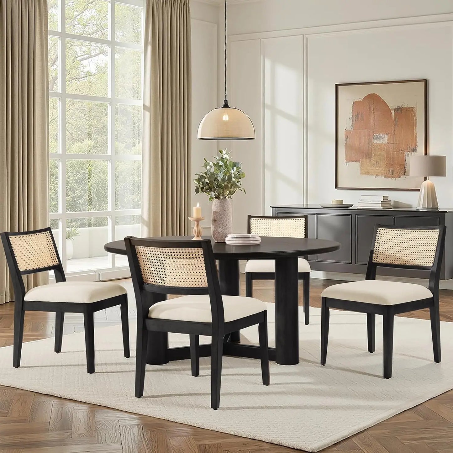 Rattan Dining Chairs Set of 4 | Coastal Woven Back, Upholstered Seat & Solid Rubberwood Frame