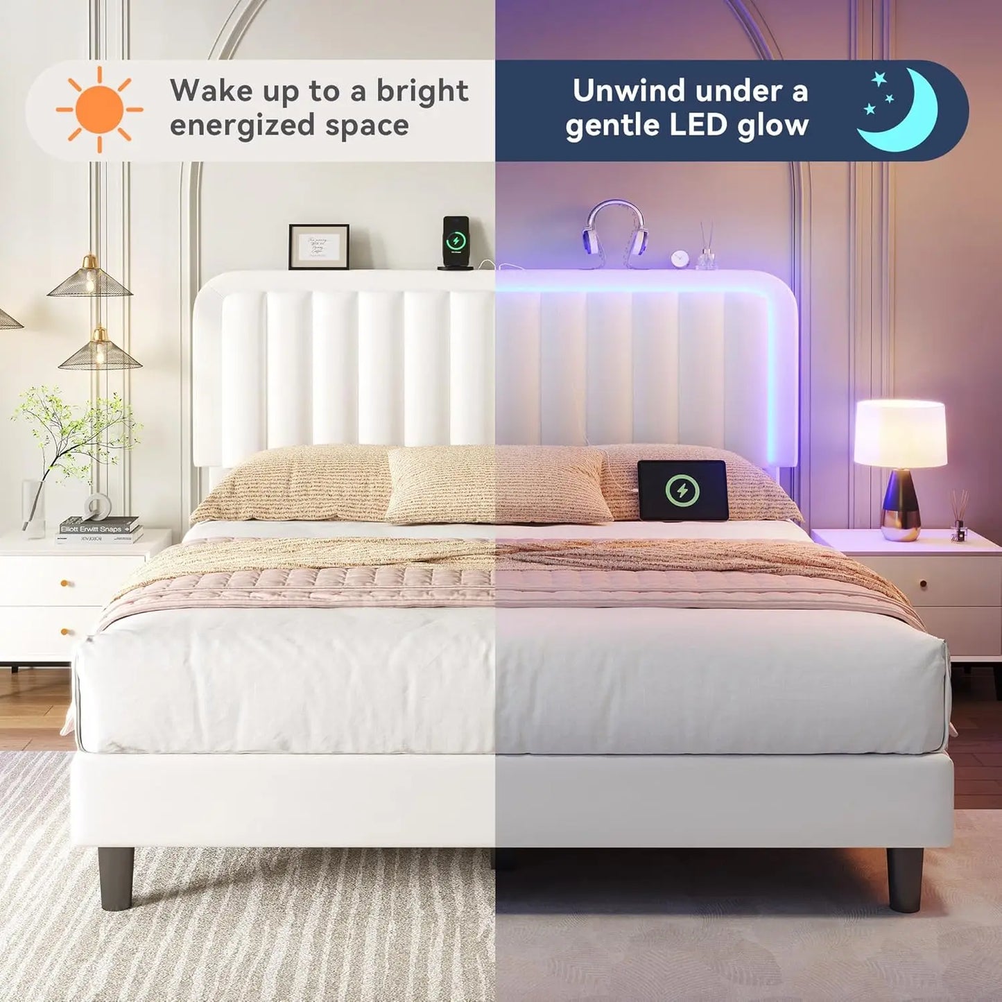 Queen Bed Frame with RGB LED Headboard & USB Charging Station – Velvet Upholstered, Adjustable, 1000 lb Capacity
