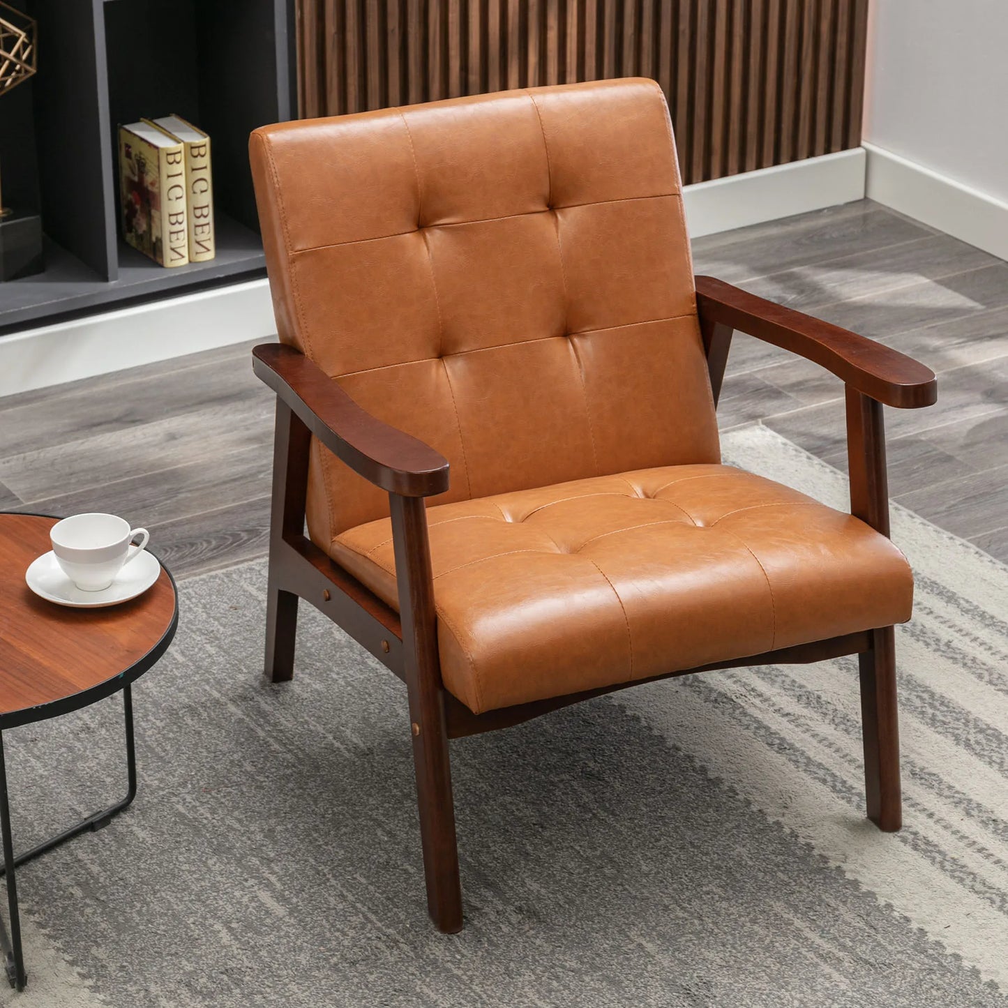 Mid-Century Modern Accent Chair | PU Leather Armchair for Living Room & Bedroom