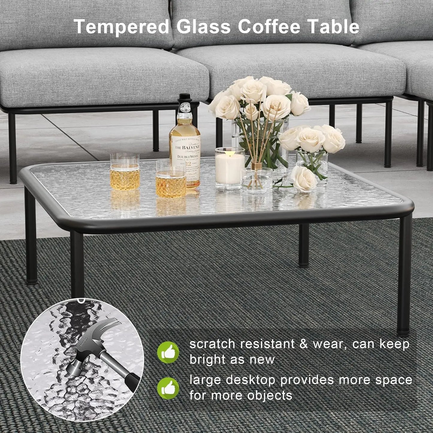 7-Piece Aluminum Modular Patio Sectional Set with Tempered Glass Coffee Table & Thick Cushions
