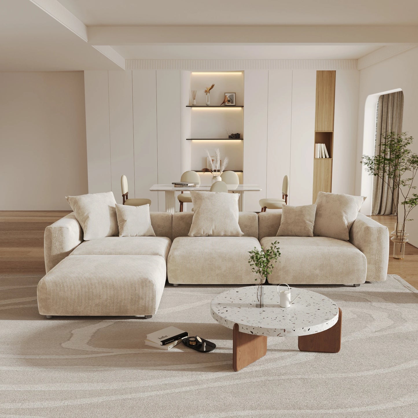 141" L-Shaped Corduroy Sectional Sofa with Ottoman | Oversized 3-Seater with Removable Covers
