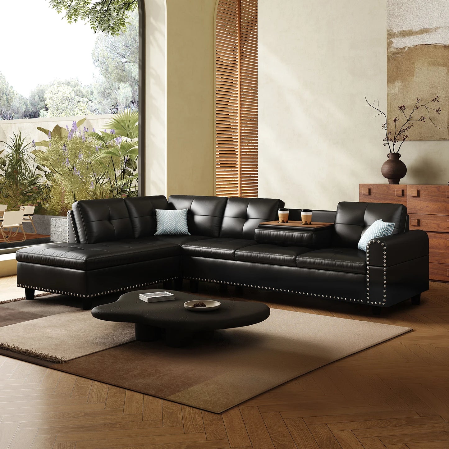 97.5" L-Shaped Sectional Sofa with Chaise – Faux Leather, 6-Seater