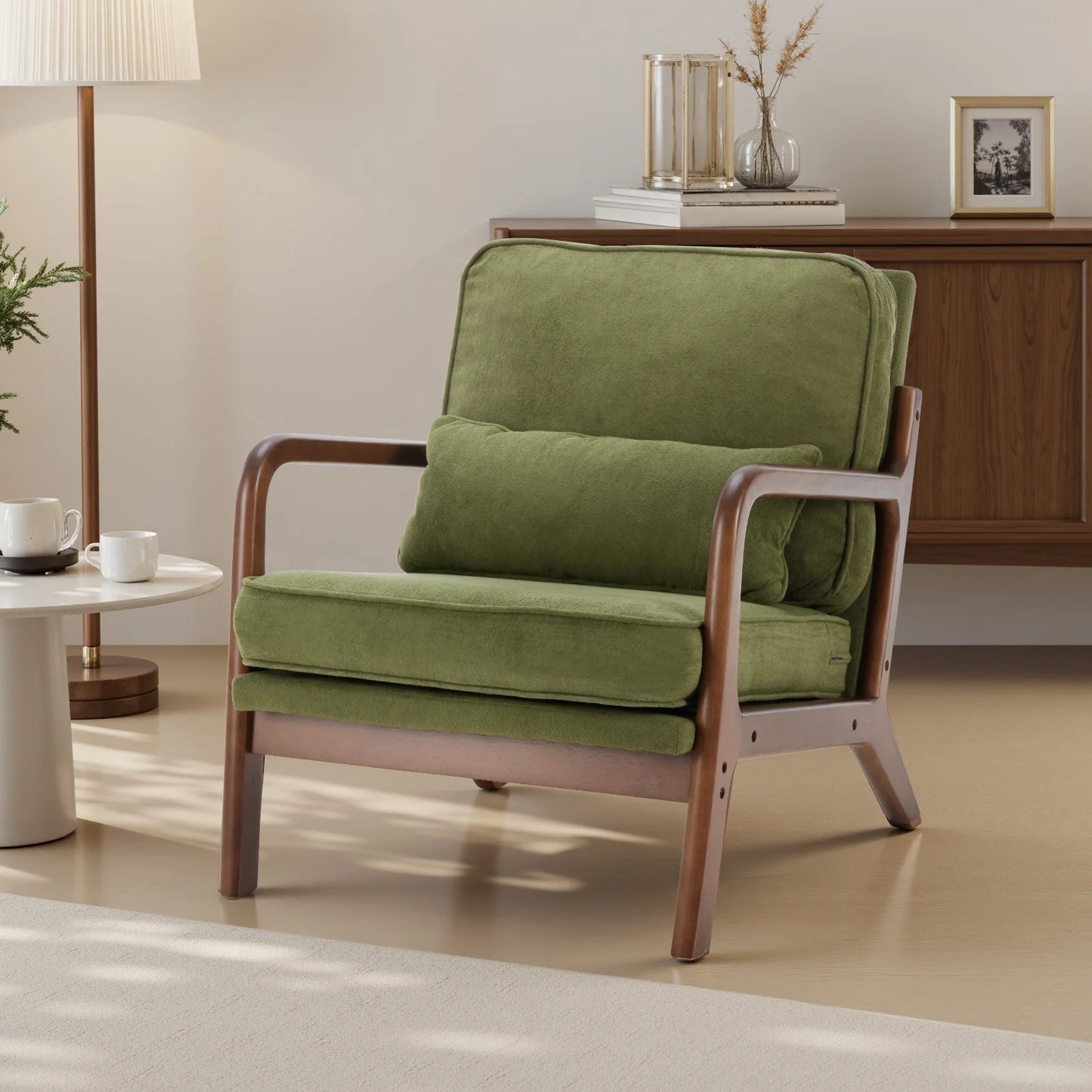 Mid-Century Modern Accent Chair | Fabric Armchair with Waist Cushion