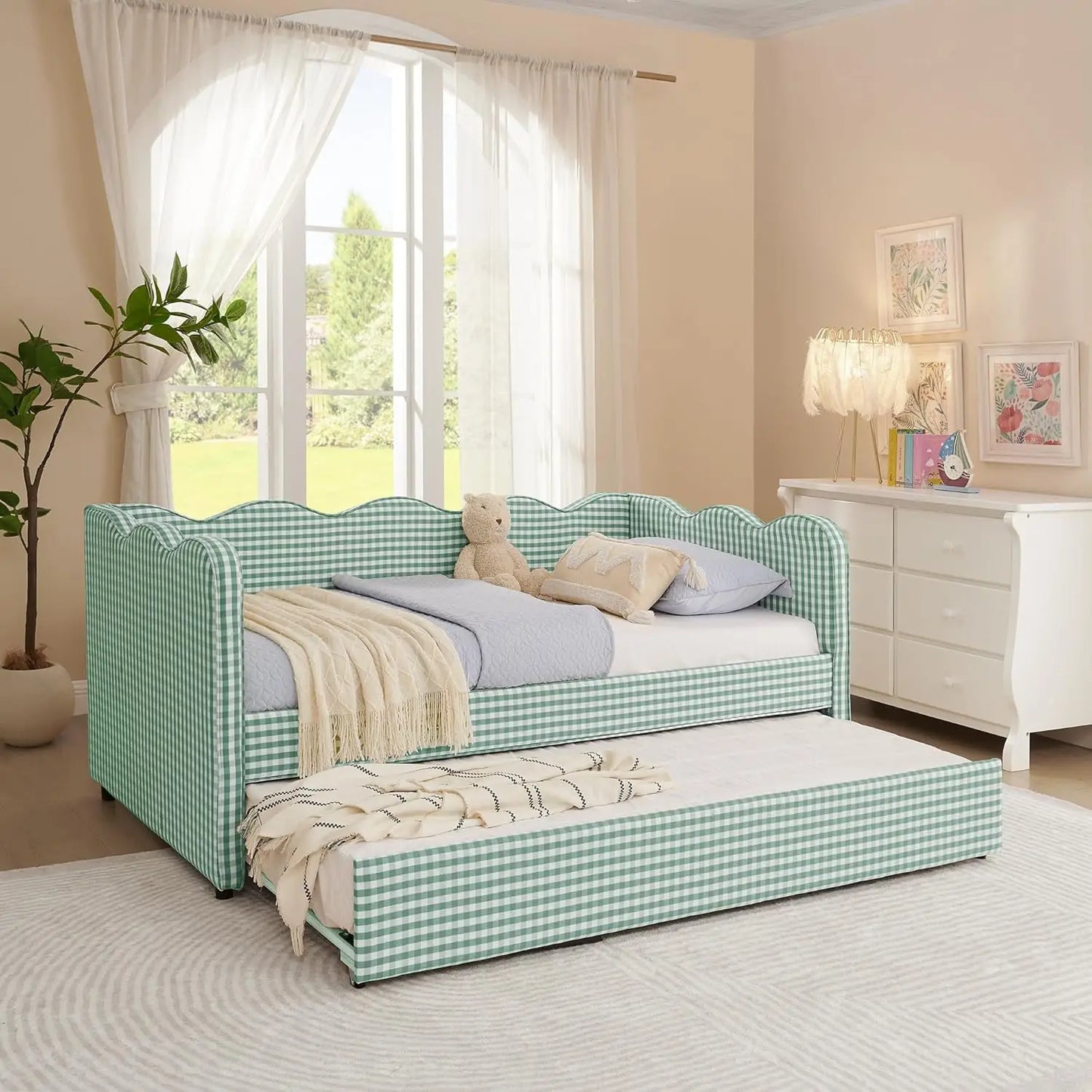 Twin Upholstered Gingham Daybed with Trundle & USB Charging – Linen, Wavy Edge, 7 Colors