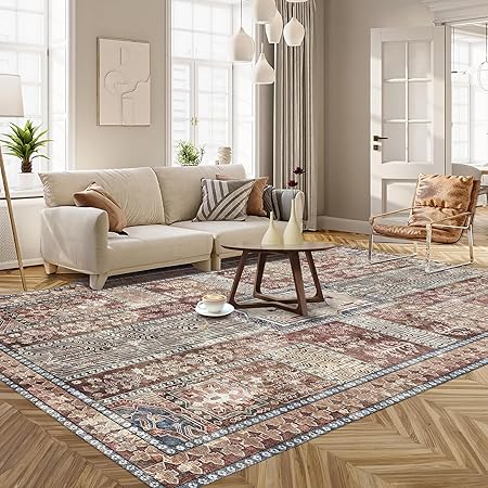 Vintage Washable Area Rug 9x12 – Retro Rust Design, Non-Slip, Lightweight for Living Room & Bedroom