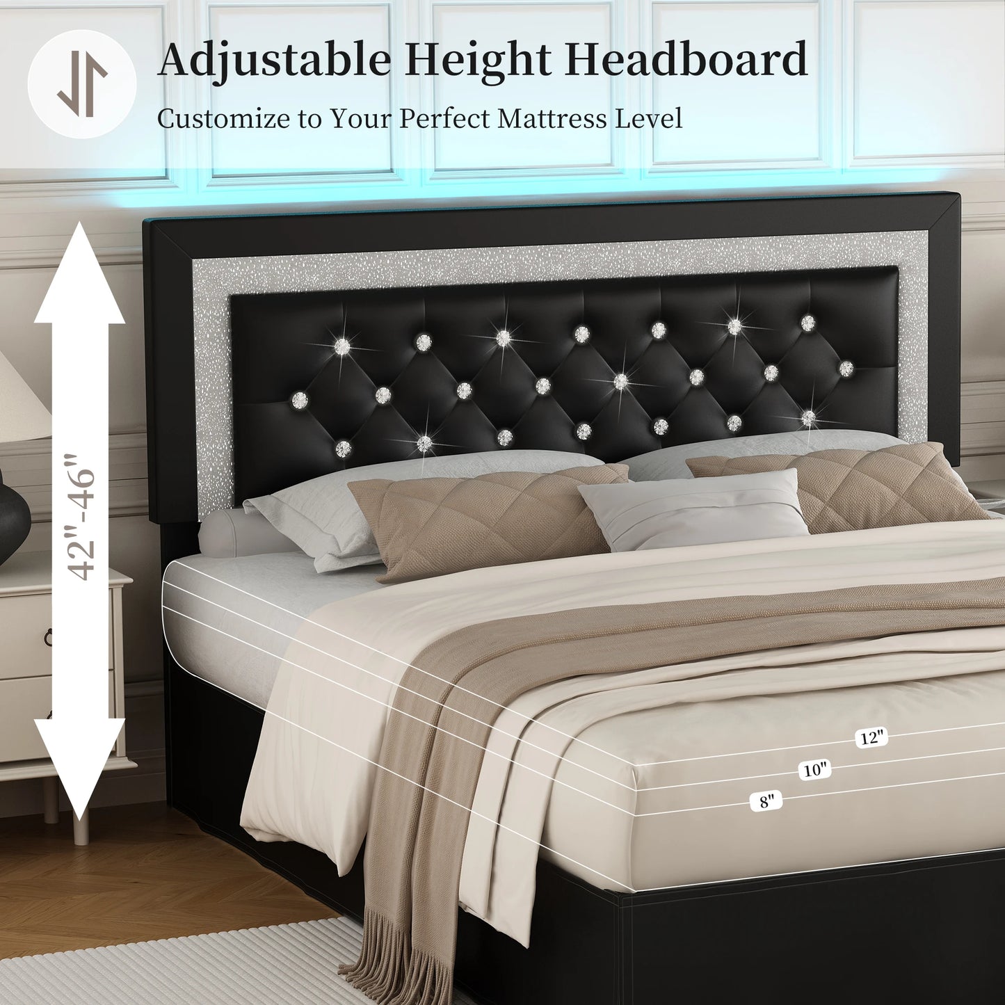 SIBEDS LED Bed Frame with Adjustable Headboard & Under-Bed Storage