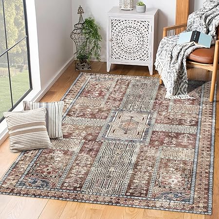 Vintage Washable Area Rug 9x12 – Retro Rust Design, Non-Slip, Lightweight for Living Room & Bedroom