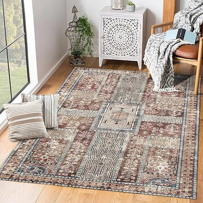 Vintage Washable Area Rug 9x12 – Retro Rust Design, Non-Slip, Lightweight for Living Room & Bedroom