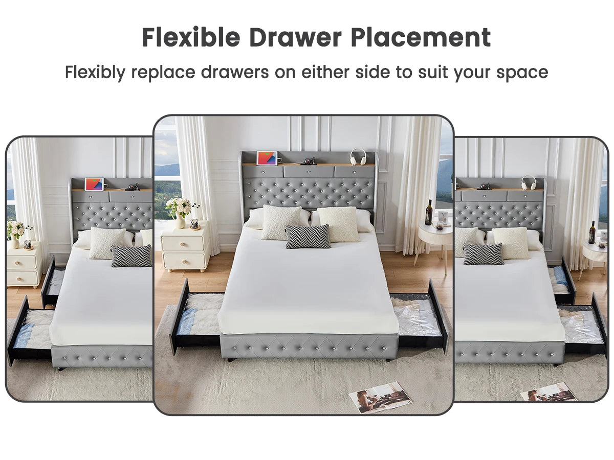 LED Platform Bed Frame with Galaxy Star Projector, USB Charging & Storage Drawers – Velvet/PU, Full Queen King