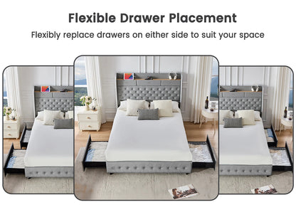 LED Platform Bed Frame with Galaxy Star Projector, USB Charging & Storage Drawers – Velvet/PU, Full Queen King