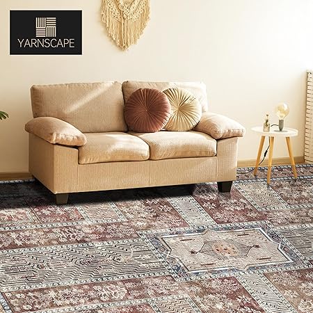Vintage Washable Area Rug 9x12 – Retro Rust Design, Non-Slip, Lightweight for Living Room & Bedroom