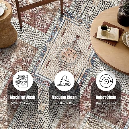 Vintage Washable Area Rug 9x12 – Retro Rust Design, Non-Slip, Lightweight for Living Room & Bedroom