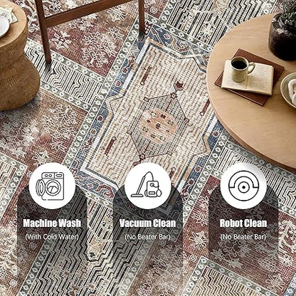 Vintage Washable Area Rug 9x12 – Retro Rust Design, Non-Slip, Lightweight for Living Room & Bedroom