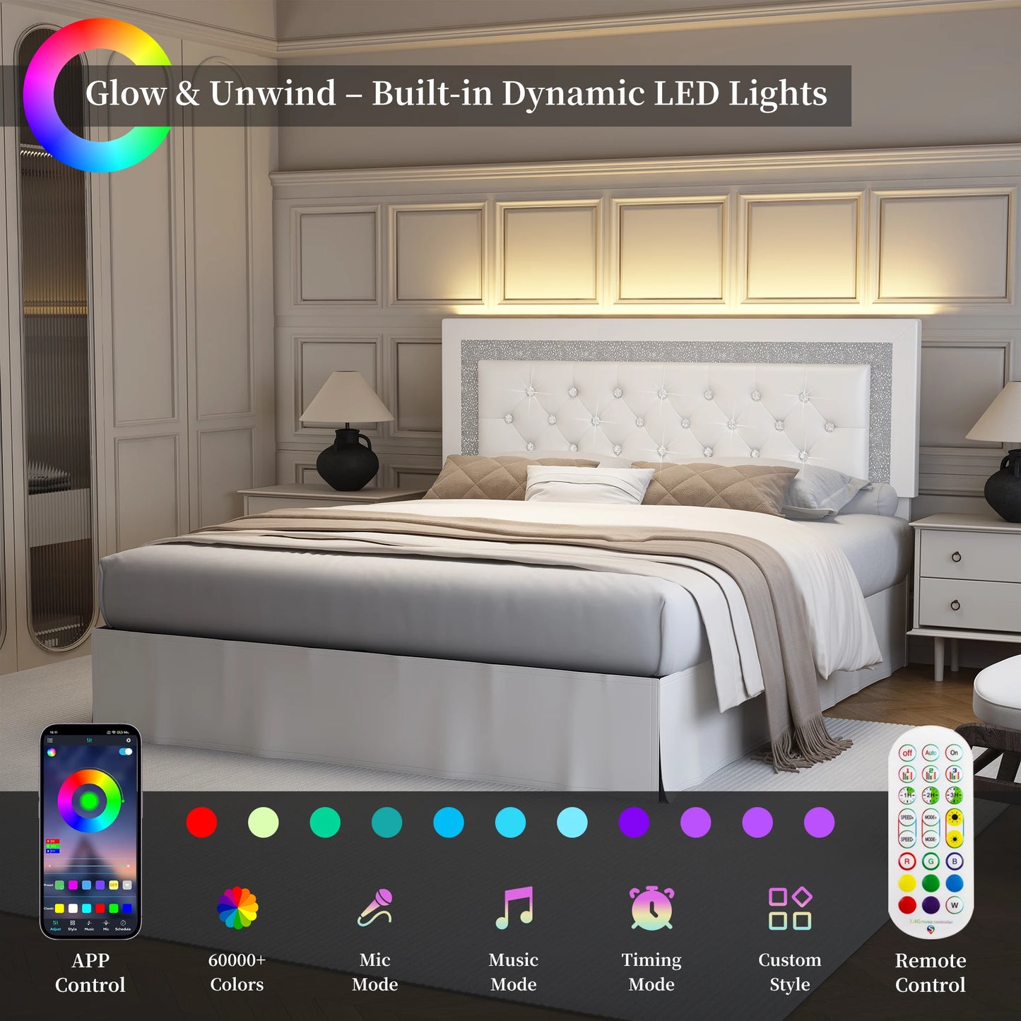 SIBEDS LED Bed Frame with Adjustable Headboard & Under-Bed Storage