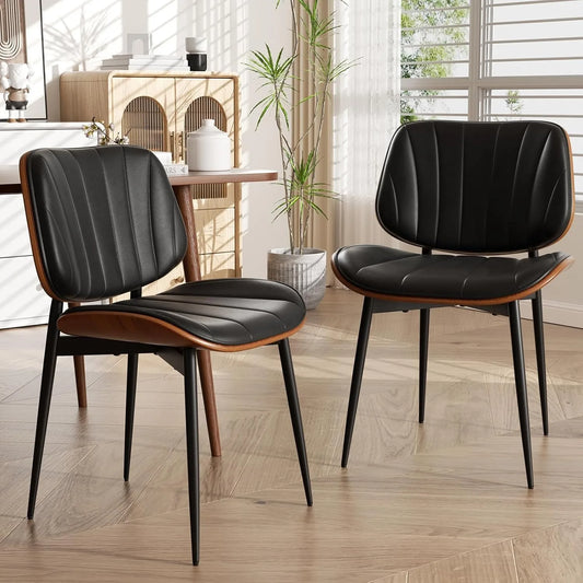 Mid-Century Modern Dining Chairs — Set of 2 | Walnut Bentwood & Faux Leather