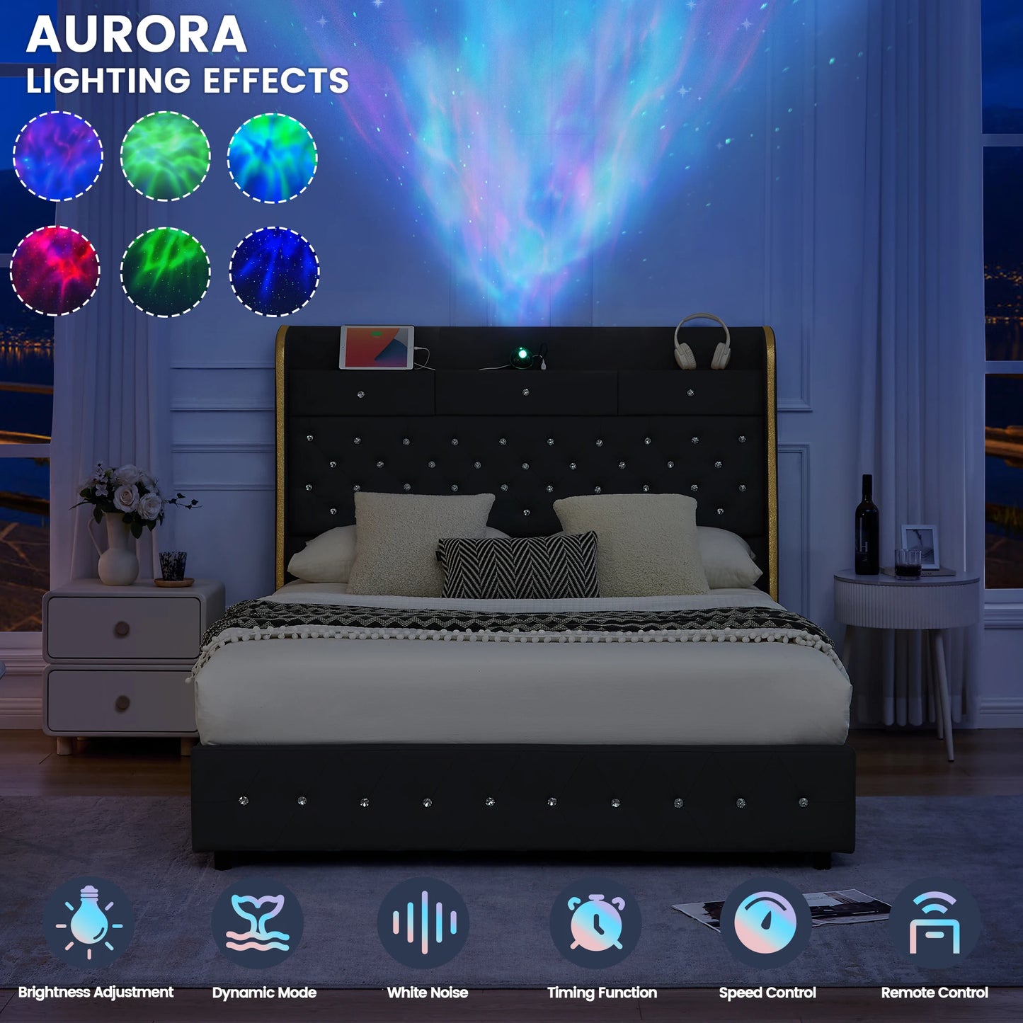 LED Platform Bed Frame with Galaxy Star Projector, USB Charging & Storage Drawers – Velvet/PU, Full Queen King