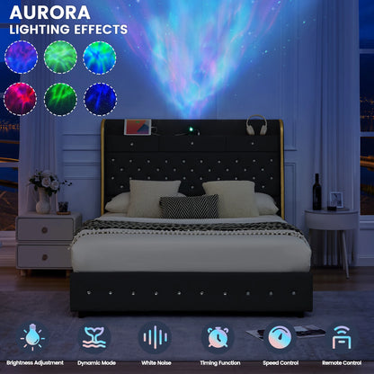 LED Platform Bed Frame with Galaxy Star Projector, USB Charging & Storage Drawers – Velvet/PU, Full Queen King