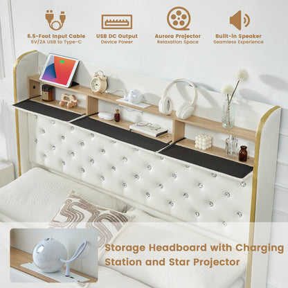 LED Platform Bed Frame with Galaxy Star Projector, USB Charging & Storage Drawers – Velvet/PU, Full Queen King