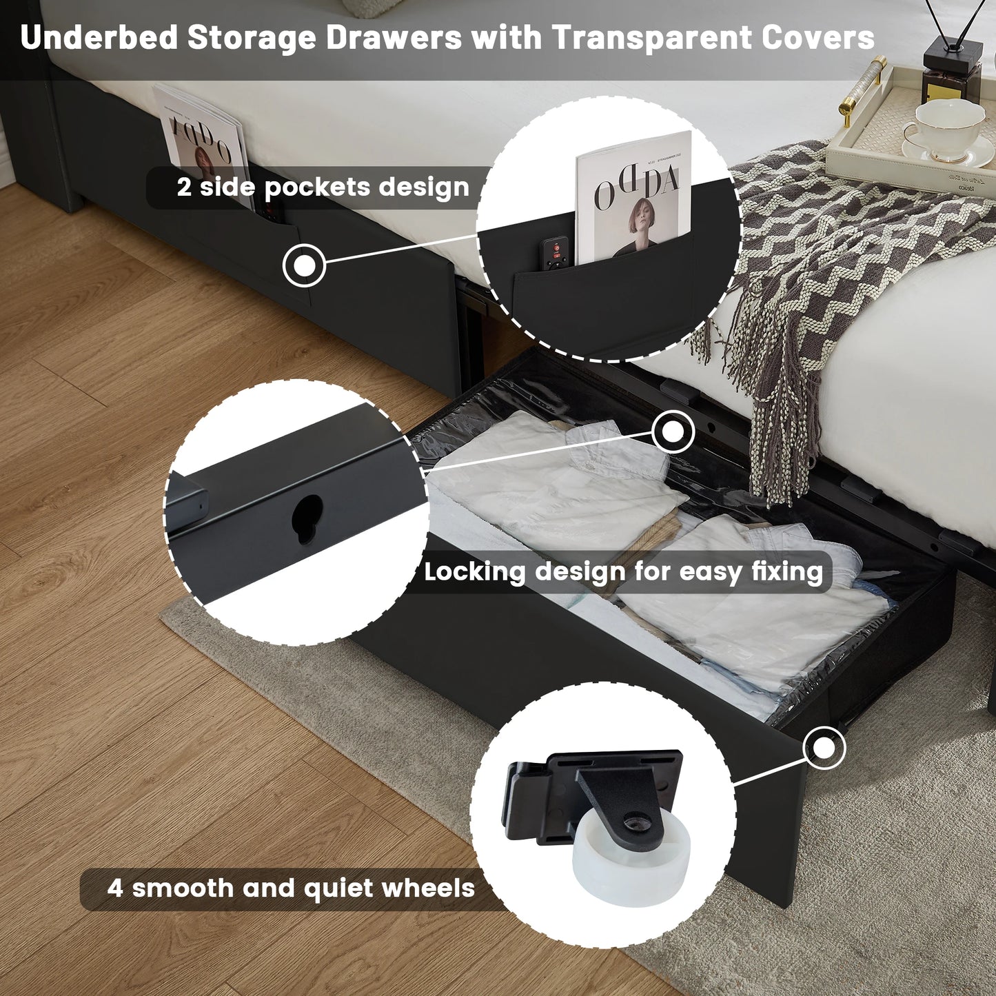 LED Platform Bed Frame with Galaxy Star Projector, USB Charging & Storage Drawers – Velvet/PU, Full Queen King