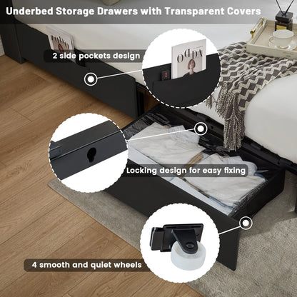 LED Platform Bed Frame with Galaxy Star Projector, USB Charging & Storage Drawers – Velvet/PU, Full Queen King