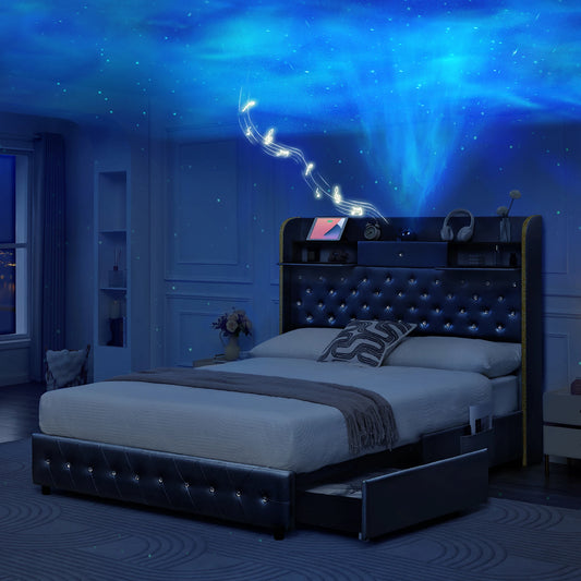 LED Platform Bed Frame with Galaxy Star Projector, USB Charging & Storage Drawers – Velvet/PU, Full Queen King