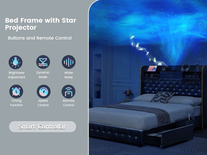 LED Platform Bed Frame with Galaxy Star Projector, USB Charging & Storage Drawers – Velvet/PU, Full Queen King