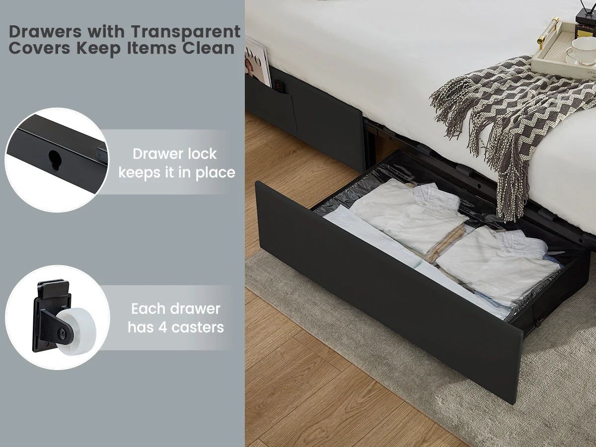 LED Platform Bed Frame with Galaxy Star Projector, USB Charging & Storage Drawers – Velvet/PU, Full Queen King