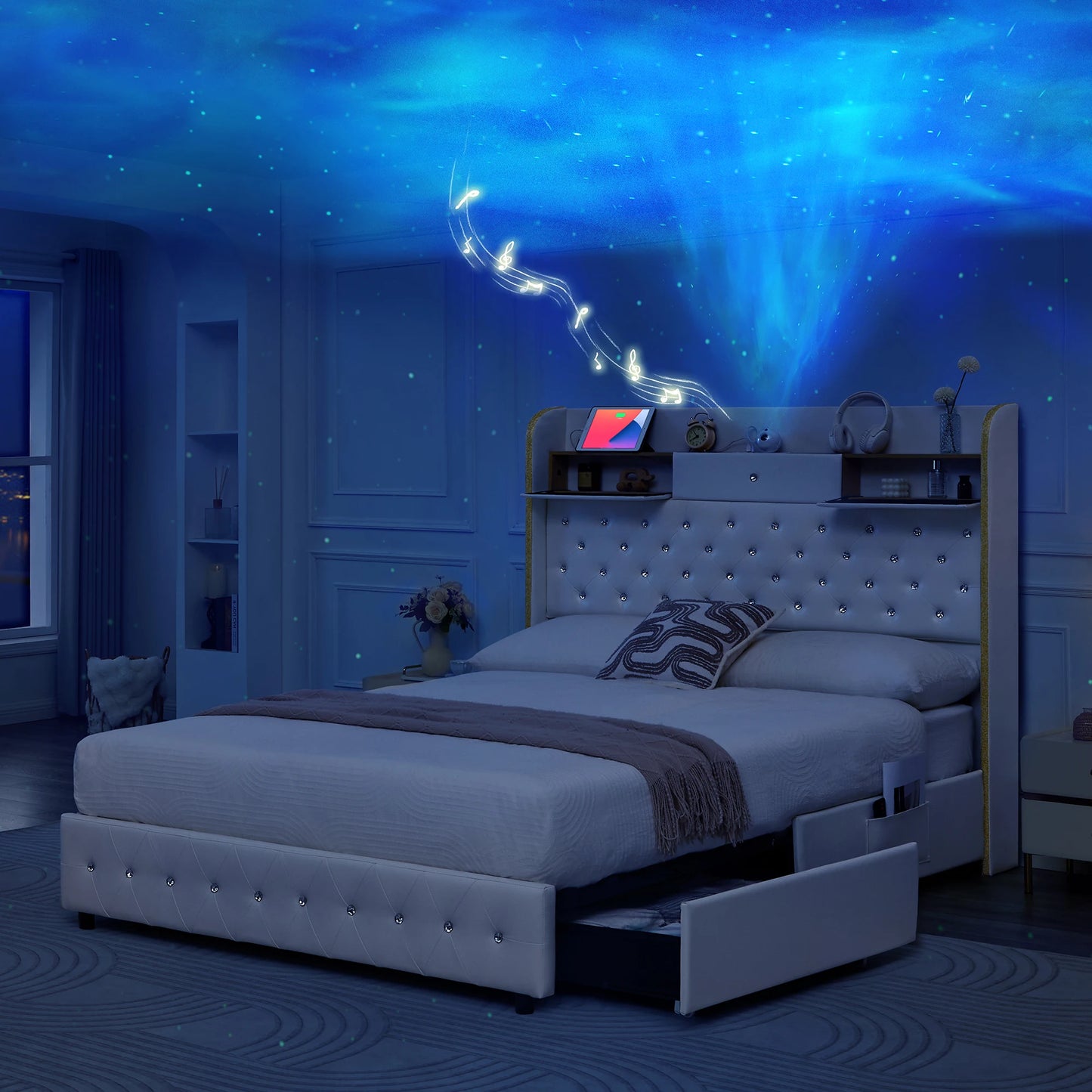 LED Platform Bed Frame with Galaxy Star Projector, USB Charging & Storage Drawers – Velvet/PU, Full Queen King