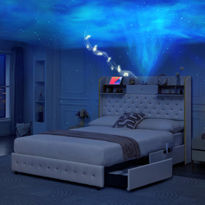 LED Platform Bed Frame with Galaxy Star Projector, USB Charging & Storage Drawers – Velvet/PU, Full Queen King
