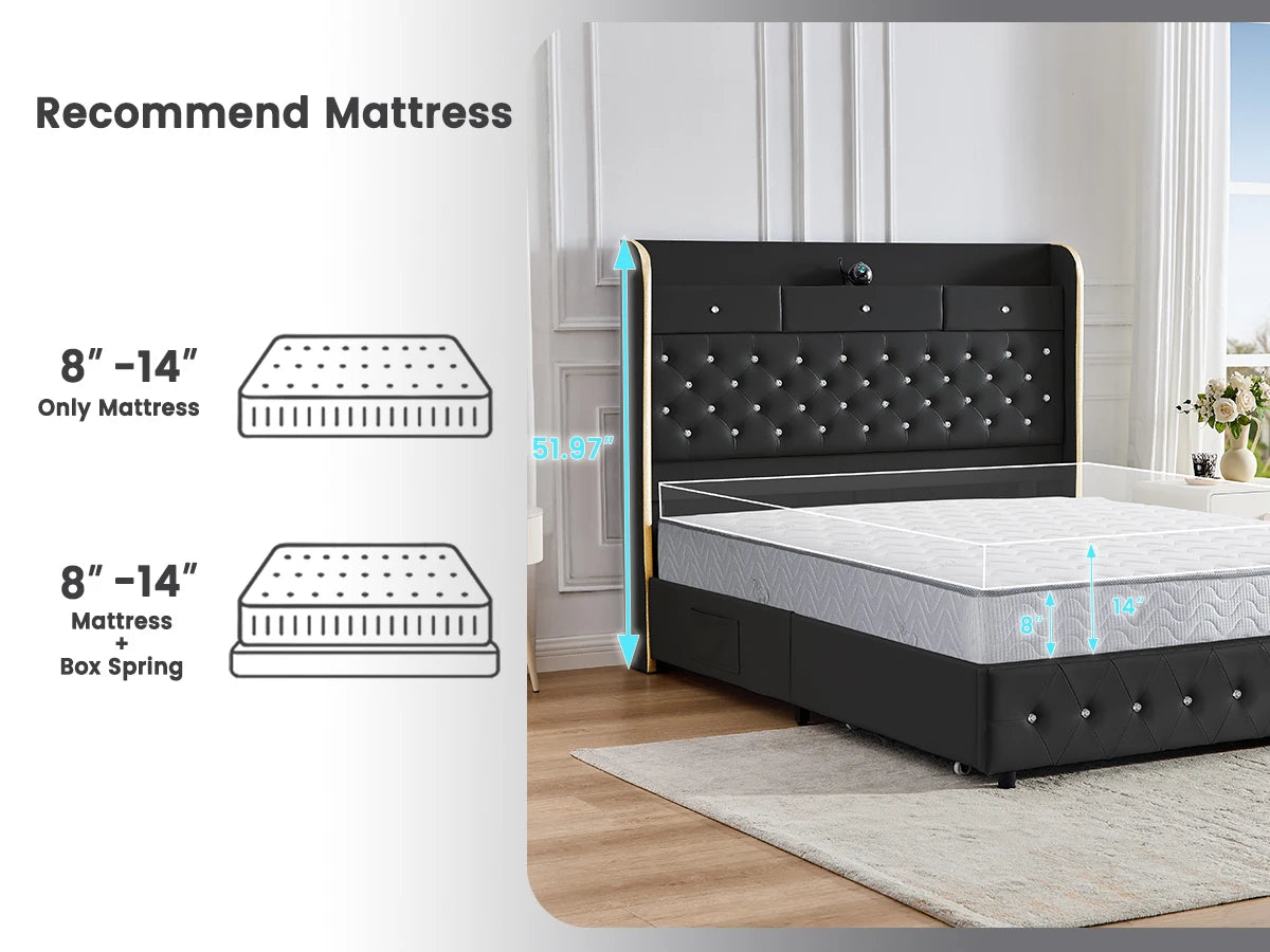 LED Platform Bed Frame with Galaxy Star Projector, USB Charging & Storage Drawers – Velvet/PU, Full Queen King