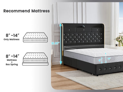 LED Platform Bed Frame with Galaxy Star Projector, USB Charging & Storage Drawers – Velvet/PU, Full Queen King