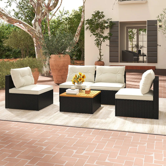 5-Piece Rattan Patio Conversation Set | Outdoor Sofa Set with Cushions & Coffee Table