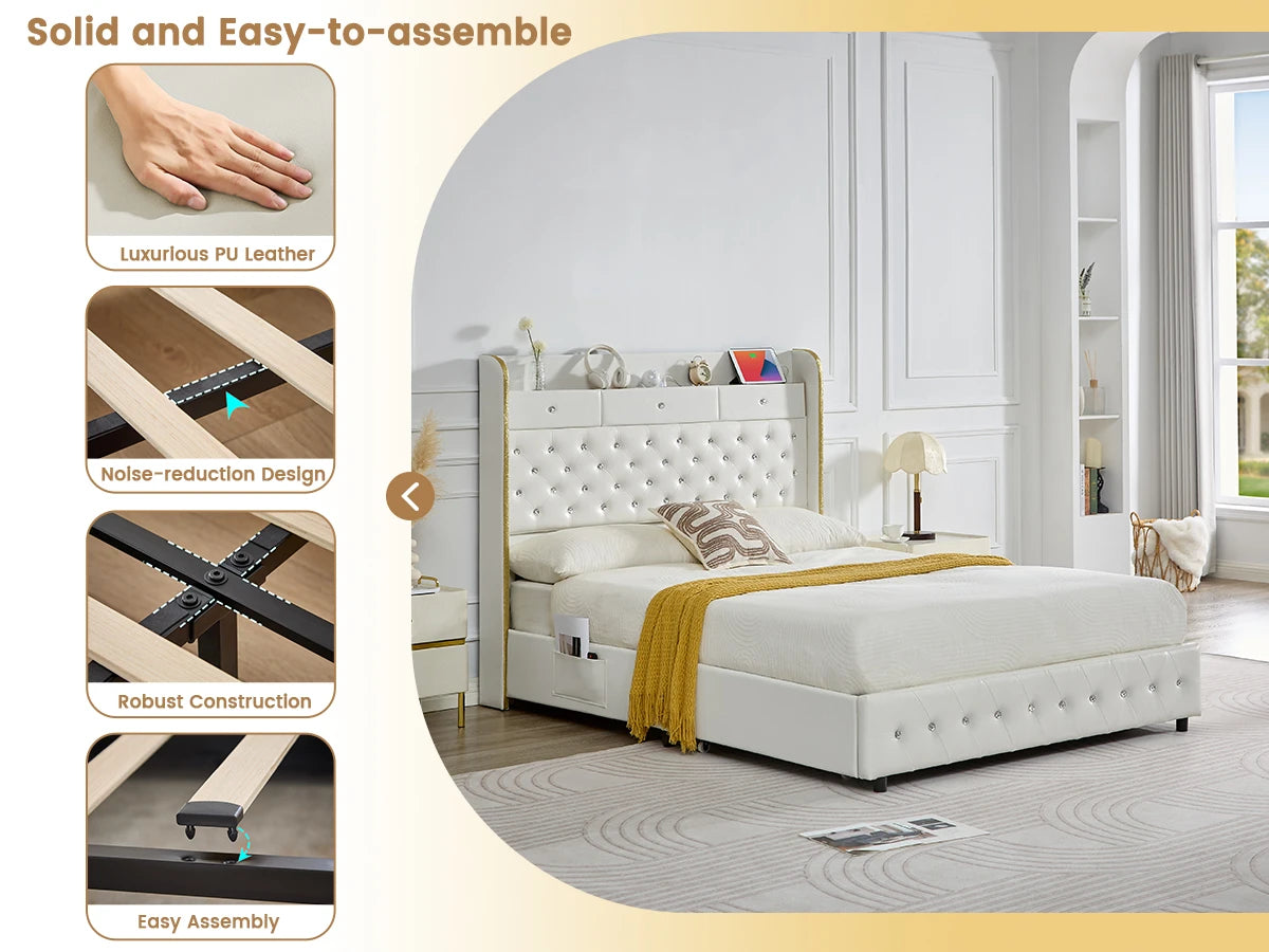 LED Platform Bed Frame with Galaxy Star Projector, USB Charging & Storage Drawers – Velvet/PU, Full Queen King