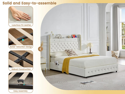 LED Platform Bed Frame with Galaxy Star Projector, USB Charging & Storage Drawers – Velvet/PU, Full Queen King