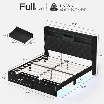 Linen Upholstered Platform Bed Frame with LED Lights, Charging Station & Storage Drawers – Full/Queen