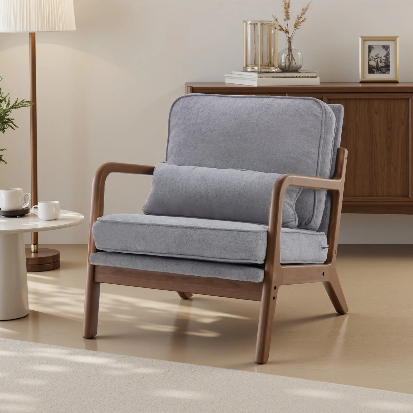 Mid-Century Modern Accent Chair | Fabric Armchair with Waist Cushion