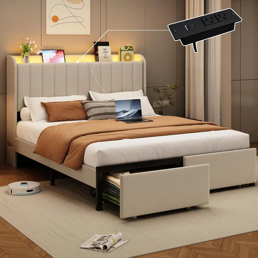 Full Size Bed Frame with LED Lights, Storage Headboard & 2 Drawers | Upholstered Platform Bed