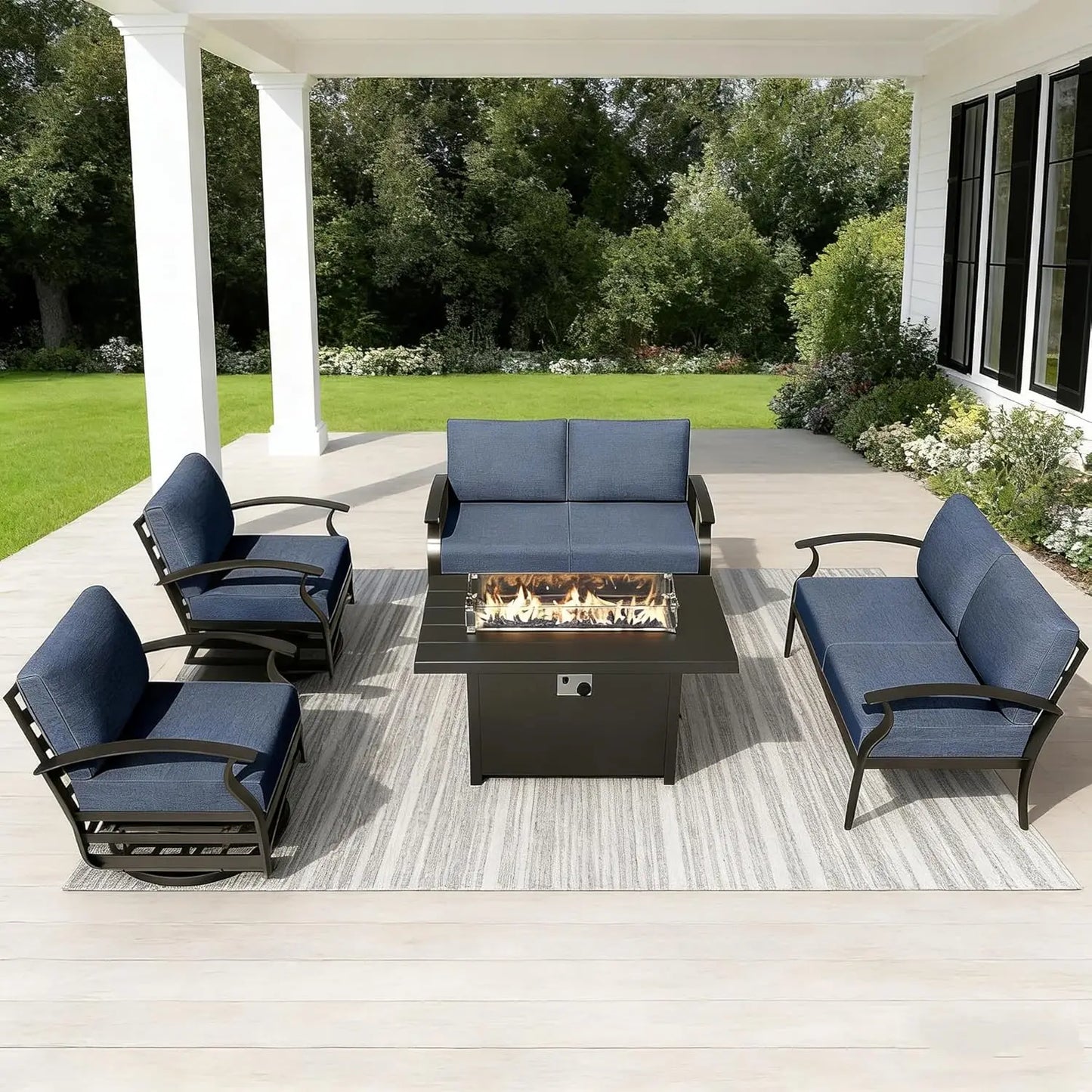 7-Piece Aluminum Patio Set with 50,000 BTU Fire Pit Table & Swivel Rocking Chairs