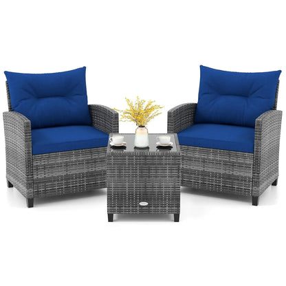 3-Piece Outdoor PE Rattan Bistro Conversation Set – 2 Wicker Chairs with Washable Cushions & Tempered Glass Coffee Table