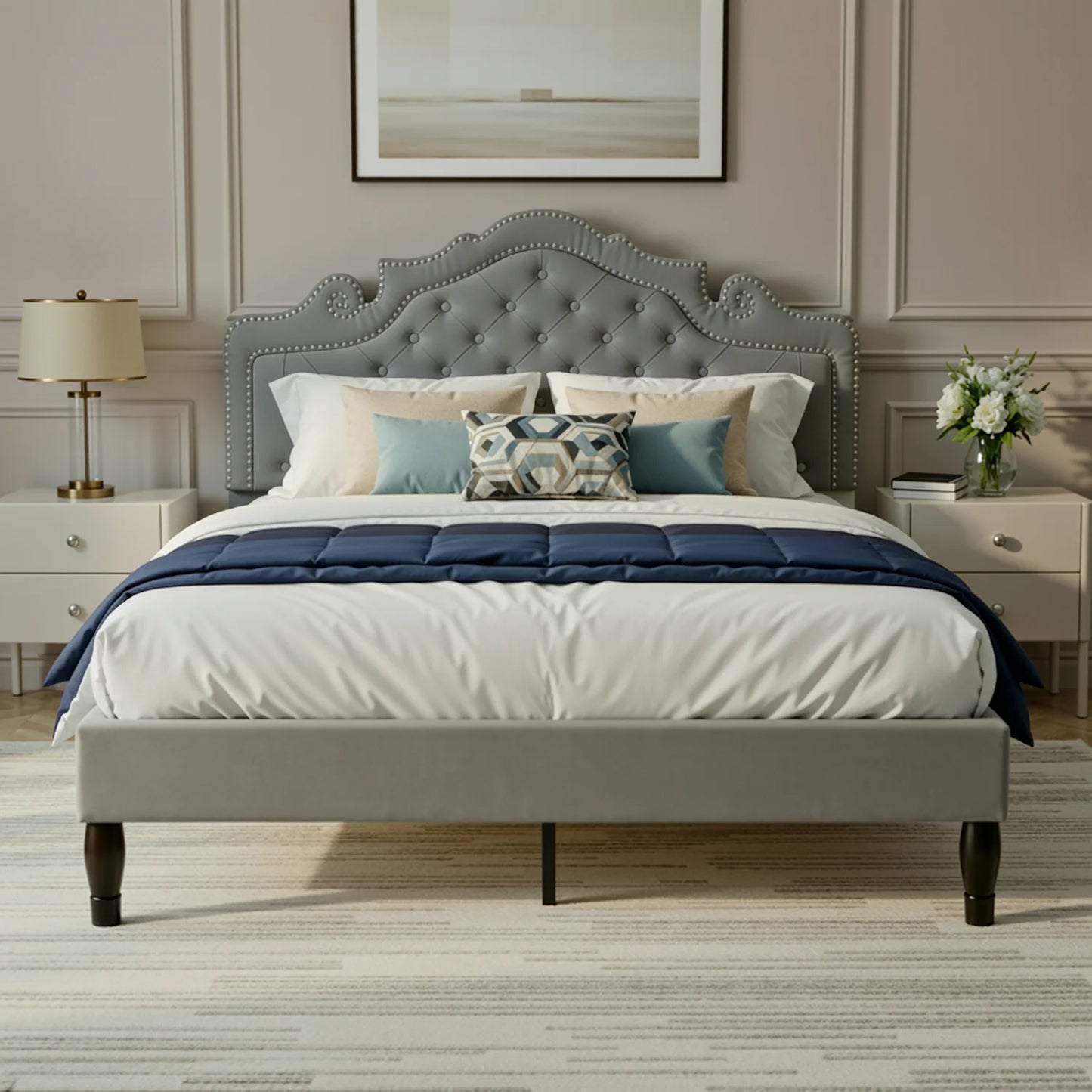 Velvet Platform Bed Frame with Adjustable Tiara Headboard – Diamond Tufted, Under-Bed Storage, No Box Spring Needed