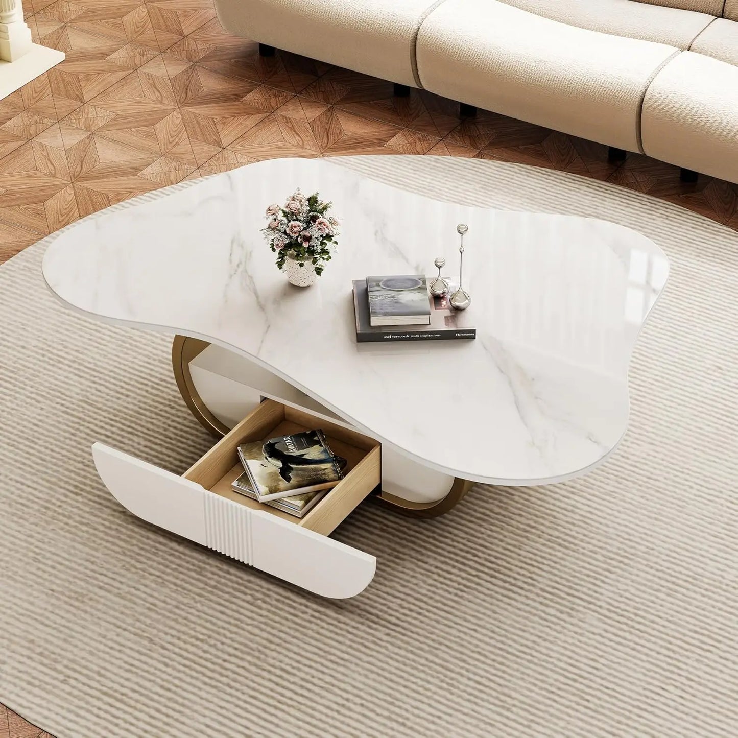 Butterfly Coffee Table | 41.7" Sintered Stone Top with Storage Drawer & Gold Frame