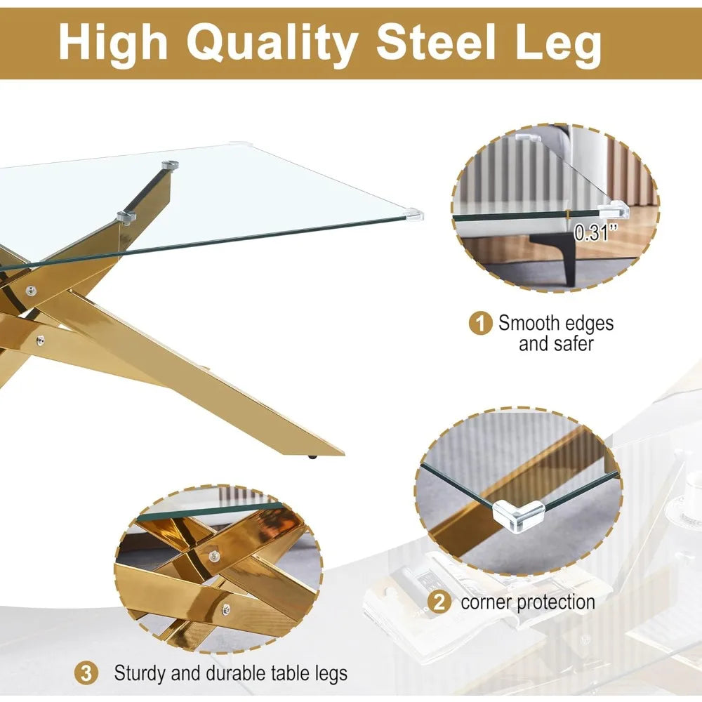 3-Piece Coffee Table Set | Tempered Glass Top & Gold Geometric Metal Legs | Modern Living Room