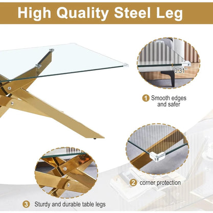 3-Piece Coffee Table Set | Tempered Glass Top & Gold Geometric Metal Legs | Modern Living Room