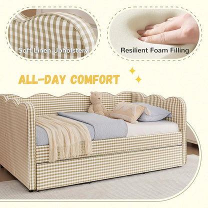 Twin Upholstered Gingham Daybed with Trundle & USB Charging – Linen, Wavy Edge, 7 Colors