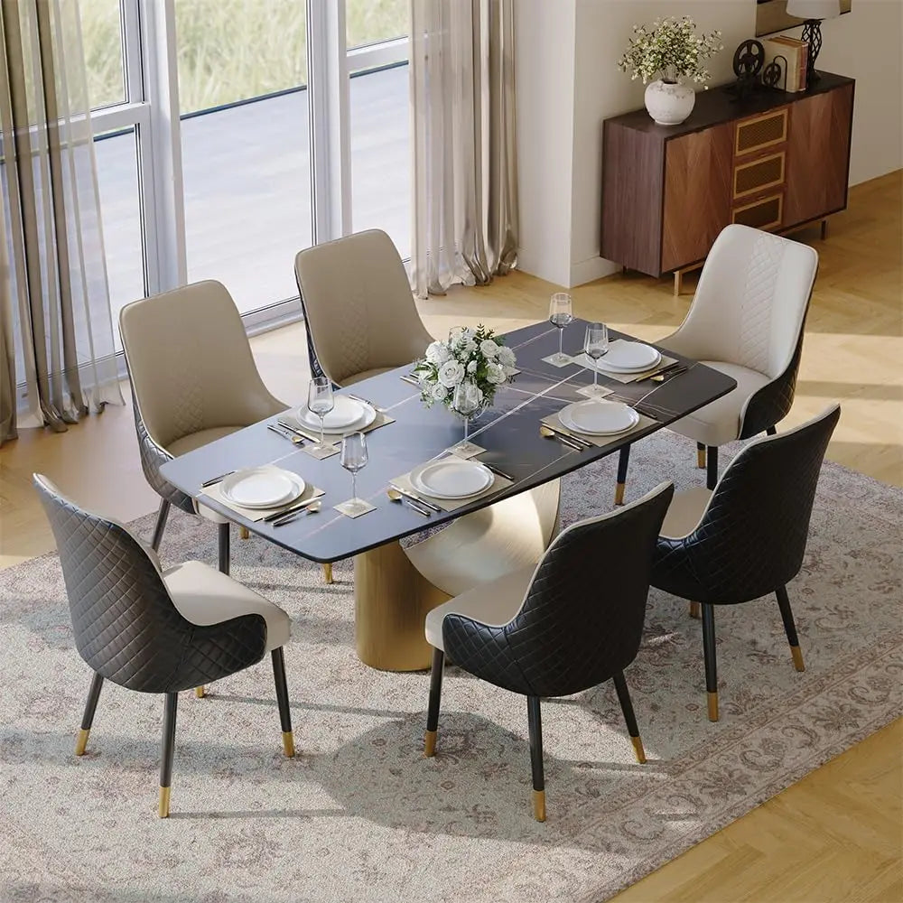 Diamond-Stitched Dining Chairs Set of 2 | 38" High Back, Faux Leather & Metal Legs