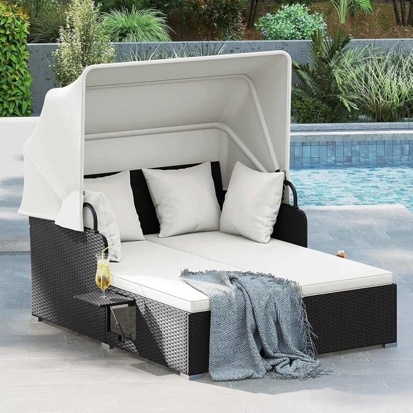 Outdoor Rattan Daybed with Retractable Canopy – 2-Person Patio Sunbed with Cushions & Pillows