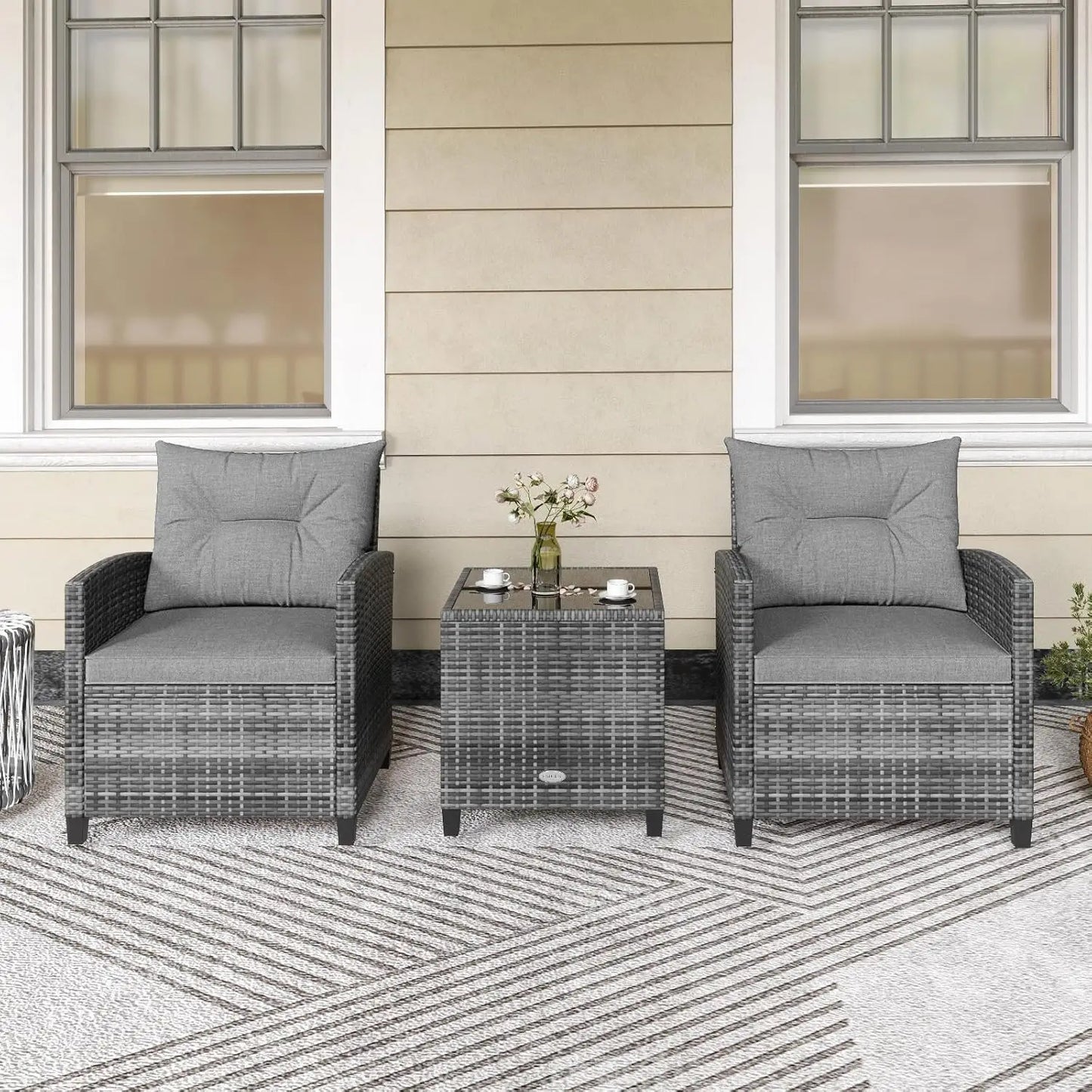 3-Piece Outdoor PE Rattan Bistro Conversation Set – 2 Wicker Chairs with Washable Cushions & Tempered Glass Coffee Table