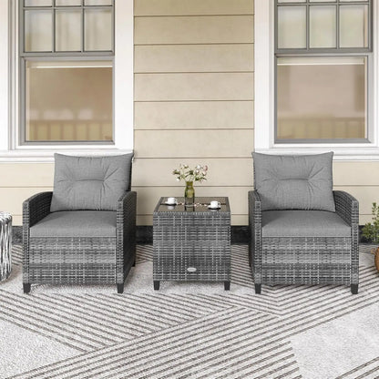 3-Piece Outdoor PE Rattan Bistro Conversation Set – 2 Wicker Chairs with Washable Cushions & Tempered Glass Coffee Table