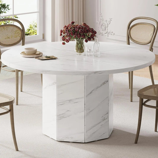 47" Round Dining Table for 4–6 | Faux Marble & Oak Finish